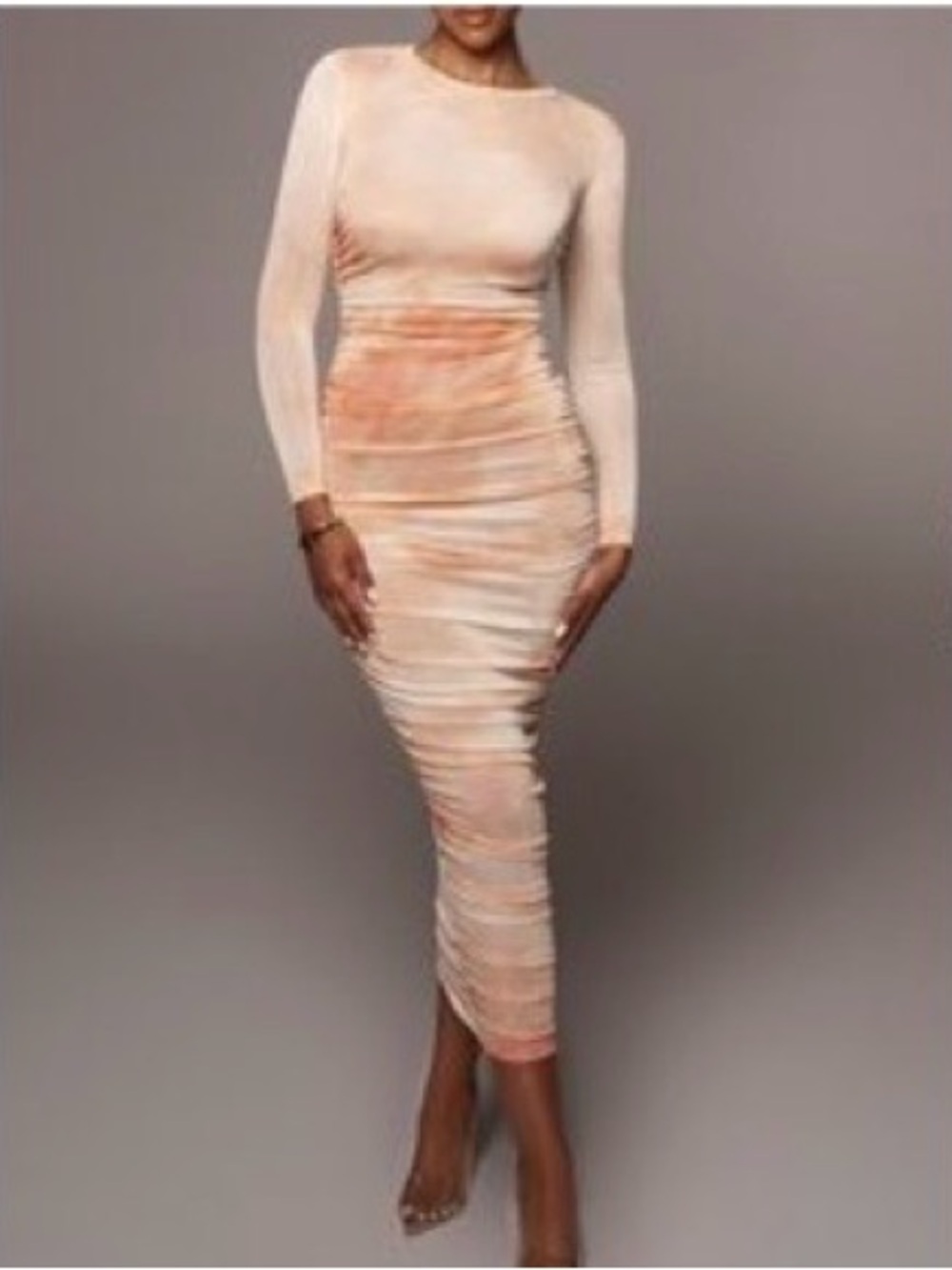 JLUX LABEL Peach Tie-Dye Ruched Long Sleeve MAXI Dress